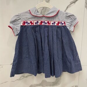 Vintage Blue & White Checkered Dress w Peter Pan Collar & Red Cats Embroidered